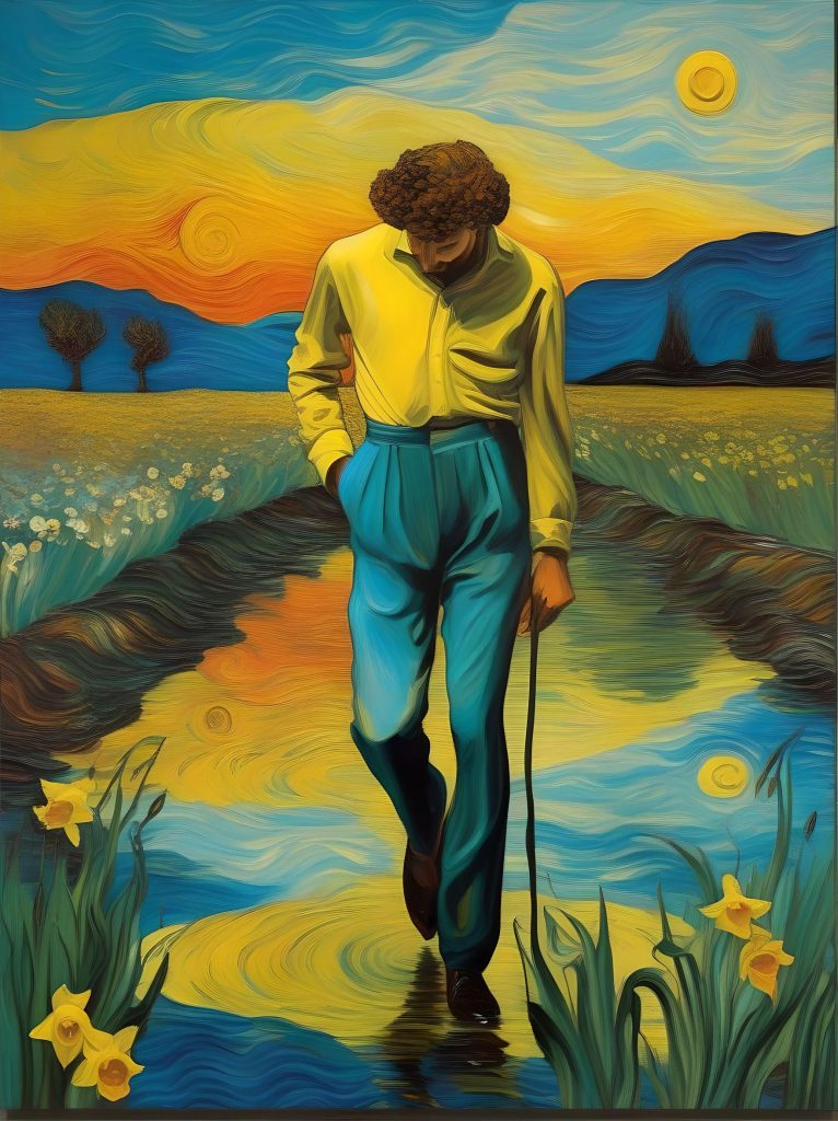 In the Style of van Gogh - reimagine Salvador Dali - The Metamorphosis Narcissus -- using Rainbow Color 
