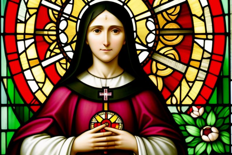  Saint Margaret Mary Alacoque - Devotee of the Sacred Heart of Jesus, often depicted with a vision of the Sacred Heart. - In the Style of Stained Glass Window using Psychedelic Color 
