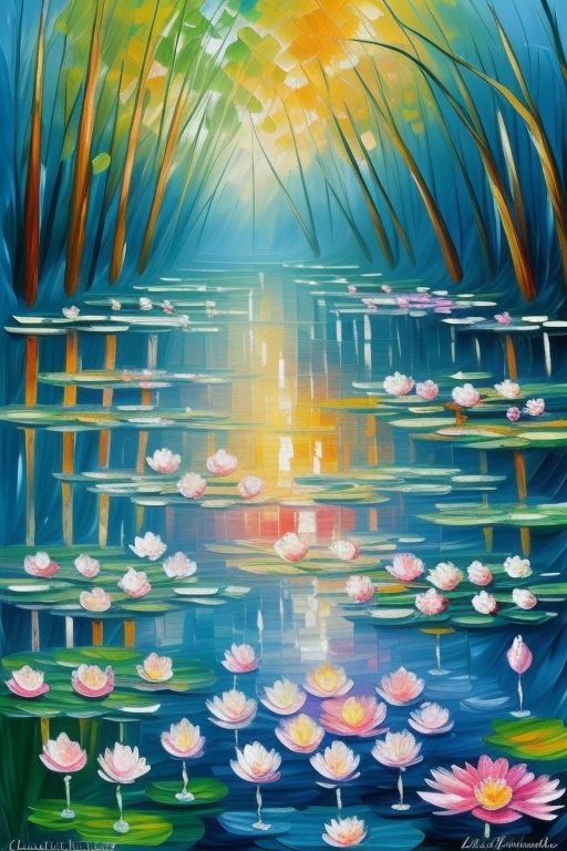 In the Style of Leonid Afremov - reimagine Water Lilies' by Claude Monet - using Vivid Color
