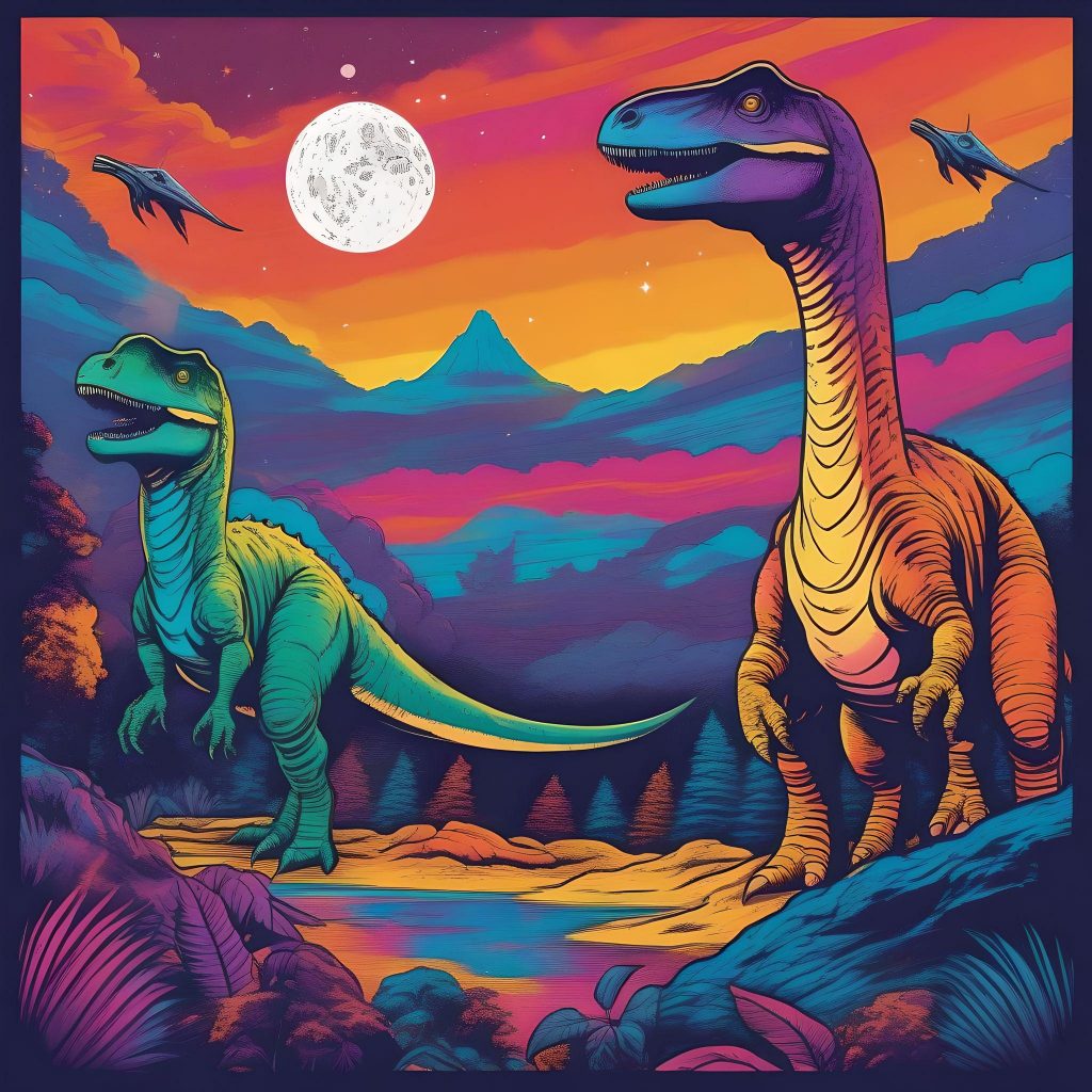 dinosaurs, comet, Psychedelic Poster
