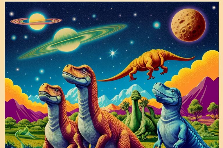Amidst the psychedelic frenzy, the dinosaurs stand as timeless witnesses to the grandeur of the universe, their primal instincts stirred by the cosmic dance unfolding before them. It is a moment frozen in time, capturing the eternal wonder of existence and the infinite mysteries of the cosmos. Through the lens of psychedelia, this scene invites viewers to embark on a journey of exploration and discovery, where imagination knows no bounds and reality blends seamlessly with the surreal.
