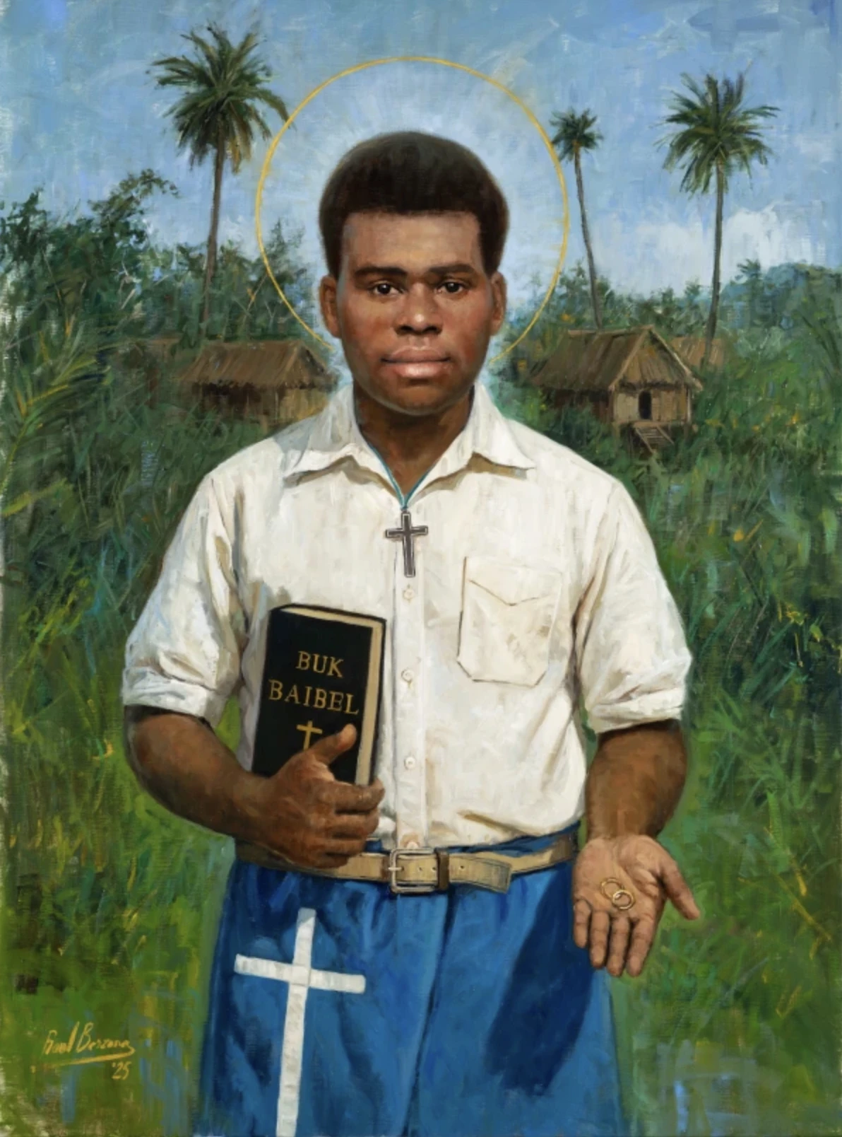 How to convey the serenity of a martyr? The challenge of painting Peter To Rot’s portrait - #Catholic - 
 
 Artist Raúl Berzosa works on the portrait of St. Peter To Rot. / Credit: Photo courtesy of Raúl Berzosa

ACI Prensa Staff, Oct 21, 2025 / 09:00 am (CNA).
Malaga, Spain-born artist Raúl Berzosa has painted portraits of popes for the Vatican, and his works have graced the covers of booklets at Vatican ceremonies and even the Stations of the Cross at the Colosseum. However, as he himself confessed on X, none had ever hung on the façade of St. Peter’s Basilica.That honor came this week with the portrait of St. Peter To Rot, which Berzosa painted for the saint’s canonization ceremony on Oct. 19. The Vatican commissioned the Catholic artist to paint the official portrait, which has been displayed since Oct. 17 on the façade of St. Peter’s Basilica. Berzosa considers the work to be a fruit of grace and the culmination of a life dedicated to reflecting the light of faith in art.Peter To Rot, who was born in Papua New Guinea, served as a catechist and died a martyr for the faith in 1945. He was canonized on Oct. 19 along with six others. In 1995, during his trip to Papua New Guinea, St. John Paul II described To Rot’s life as “a beacon shining bright, a signal fire leading you to hold aloft the noble ideals which inspired him: faith in God, love of family, service of neighbor, and unswerving courage in the face of trials and sacrifice.”Berzosa, 46, renowned worldwide for his realistic style and religious themes, explained to ACI Prensa, CNA’s Spanish-language news partner, that with his work depicting the Papuan saint, he sought to convey the inner light of which the Polish pope spoke.Official portrait of St. Peter To Rot. Credit: Courtesy of Raúl Berzosa“If the portrait manages to convey some of Peter To Rot’s bright inner light and helps others strengthen their faith, then the work will have fulfilled its true function,” the Spanish painter said.“I hope that the faithful see in his gaze not only a martyr but a man full of peace, love for his family, and fidelity to the Gospel,” he added.For Berzosa, To Rot’s essential witness lies in the conviction that holiness “can be lived out in everyday life, even in the midst of suffering, as in his case.”The artist said he wanted the lighting effects in the portrait “to emerge from within the face itself, something serene that engages the viewer and seeks to convey hope.” Berzosa also noted that the “light blue and green brushstrokes” create a warm atmosphere, with the color and the overall composition seeking to accompany “this luminous message.”The challenges of painting the first Papuan saint“The main challenge was to approach Peter To Rot’s image itself with respect and accuracy. To achieve this, I had some black and white photographs as well as a color portrait based on one of the photographs. All of this helped me create my painting,” he said.In Berzosa’s portrait, To Rot is dressed in the traditional attire of local catechists: a white shirt and a type of blue wrap.“When the Japanese threatened the catechists and prohibited any apostolic activity, the vast majority — out of fear — hid the cross. Peter To Rot was the only catechist who continued to proudly display the white cross that identified him as a catechist,” Berzosa noted.“In one hand he holds a Bible and in the other [open hand he shows] two rings, a reference to his defense of marriage. A cross hangs from his neck,” the artist explained. To Rot wanted to die wearing that cross, which would later be key to identifying his mortal remains. Behind the figure of the saint, the countryside of his native land at the time can be seen.For the most accurate depiction, the painter researched photographs, traditional clothing, and other local references. “Throughout this work, I was assisted by Father Tomás Agustín Ravaioli, vice postulator of the cause,” Berzosa explained.Portraying a martyrThe artist noted that the lives of martyrs, although often short, are “full of meaning, dedicated out of love and fidelity to the Lord.” He said he always seeks to convey the serenity of these witnesses to the Gospel in the most decisive moment of their lives.“I try to understand that mixture of strength and peace of someone who gives his life for Christ,” he said.“When I paint portraits of martyrs, there is a special respect for the person portrayed. Their witness transcends cultures and eras,” he noted.This story was first published by ACI Prensa, CNA’s Spanish-language news partner. It has been translated and adapted by CNA.