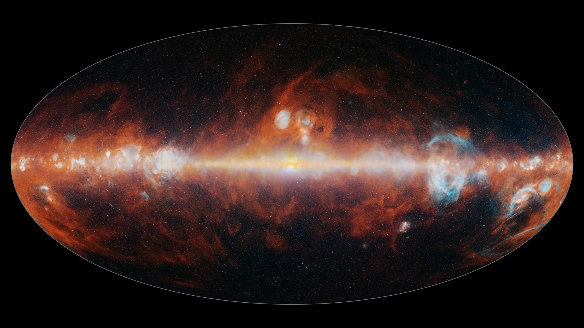 First Sky Map from NASA’s SPHEREx Observatory – NASA’s SPHEREx Observatory has mapped the entire sky in 102 infrared colors, as seen here in this image released on Dec. 18, 2025. This image features a selection of colors emitted primarily by stars (blue, green, and white), hot hydrogen gas (blue), and cosmic dust (red).