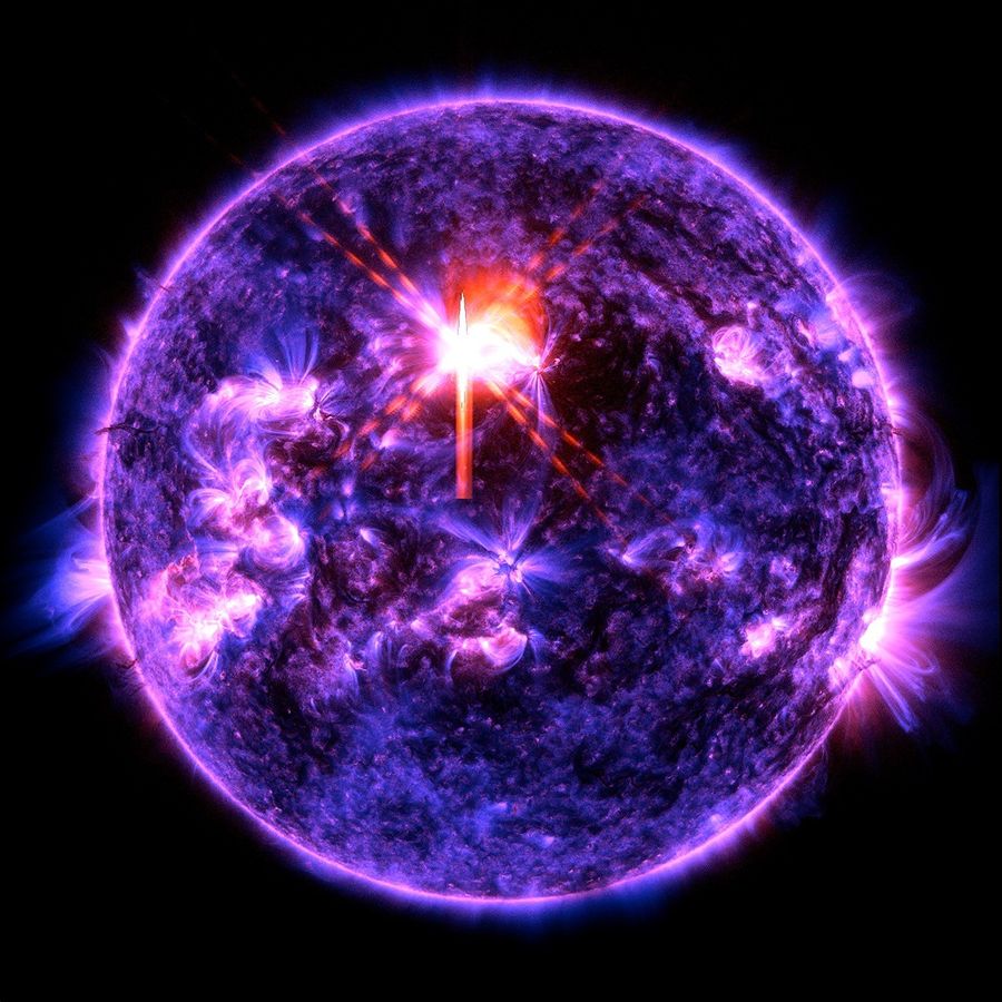 Strong Solar Flare – NASA’s Solar Dynamics Observatory captured this image of a solar flare — seen as the bright flash toward the upper middle — on Feb. 4, 2026. The image shows a subset of extreme ultraviolet light that highlights the extremely hot material in flares and which is colorized in blue and red.