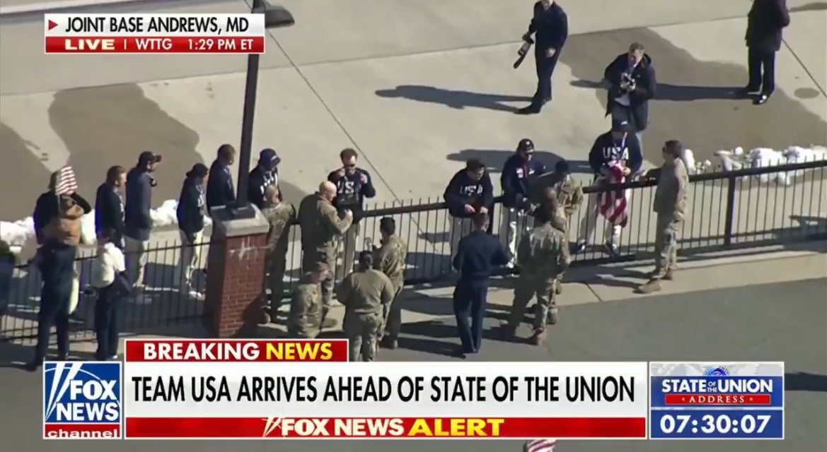 Troops Greet Team USA Men’s Hockey Players at Joint Base Andrews (VIDEO) – 
Team USA Men’s hockey champs arrived at Joint Base Andrews on Tuesday ahead of President Trump’s State of the Union Address.
The post Troops Greet Team USA Men’s Hockey Players at Joint Base Andrews (VIDEO) appeared first on The Gateway Pundit.