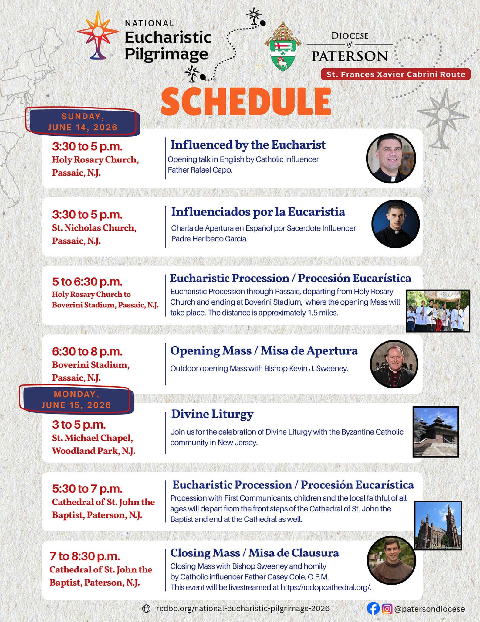 ‘Cabrini’ screening to boost awareness of Eucharistic pilgrimage event #Catholic – “Cabrini,” the 2024 film about St. Frances Xavier Cabrini, America’s first Catholic saint and advocate for immigrants, will be screened Tuesday, April 21, at 7 p.m. at the Dolan Performing Arts Center, St. Elizabeth University in the Convent Station neighborhood of Morris Township, N.J.
A week later, on Tuesday, April 28, at 7 p.m., executive producer J. Eustace Wolfington and his team will host a “talk-back” on the film’s creation, focusing on human rights, women’s leadership, and hope. Bishop Emeritus Nicholas DiMarzio of the Brooklyn Diocese in New York, who advocates for immigrants’ rights, and Mother Cabrini’s family are also scheduled to appear.
Both events at St. Elizabeth’s will focus on St. Frances Cabrini as a model of women’s leadership, especially in her work with immigrants and the poor. They also promote the 2026 National Eucharistic Pilgrimage (NEP) stops in Passaic and Paterson, N.J., on June 14 and 15. The St. Frances Xavier Cabrini Route of the NEP will travel the Eastern Seaboard this summer.
Before the “Cabrini” screening, Father Cesar Jaramillo, pilgrimage stop delegate and pastor of Holy Spirit Parish in Pequannock, N.J., will address attendees and invite them to join the local NEP event. Members of the Communications Department of the Paterson Diocese in New Jersey will also be present to distribute NEP promotional materials.
Register now to secure your spot for the pilgrimage. See the schedule below for details.

Click here to subscribe to our weekly newsletter.

“The pilgrimage in our diocese is an opportunity for Catholics to renew their love for Jesus and the Eucharist — a goal of the New Evangelization — and to show solidarity with immigrants,” Father Cesar Jaramillo said. “We invite all Paterson parishes and the broader community to attend and join us in this spiritual journey.”
The pilgrimage route honors Mother Cabrini, born in Italy in 1850. She founded the Missionary Sisters of the Sacred Heart of Jesus. In 1889, Pope Leo XIII sent her and her sisters to New York. They opened schools and orphanages for Italian immigrants despite many challenges. According to the Missionary Sisters, Mother Cabrini traveled across Europe, the Americas, and the U.S., founding 67 institutions.
Father Jaramillo described “Cabrini” as telling the story of “a remarkable woman who was passionate about social justice.”
“Mother Cabrini was steadfast in giving a voice to the voiceless. Most were Italian immigrants who were ignored. The movie reflects today’s immigrant crisis in the U.S. The pilgrimage will also honor the U.S.’s 250th birthday. Immigrants built much of our country in search of the American Dream,” Father Jaramillo said.
The “Cabrini” screening and “talk-back” are possible through the friendship between Carol Bezak — a St. Elizabeth’s alumna and president of the National Association of Shrine and Pilgrimage Apostolate — and one of the film’s executive producers. Other NEP stops will also host screenings of the films, said Andrea M. Adams, director of alumni engagement and annual giving.
All are welcome to attend the two “Cabrini” film events at St. Elizabeth’s. Admission is free.
The pilgrimage, themed “One Nation Under God,” includes 18 stops from Pentecost to Independence Day in Philadelphia. It calls for renewal, unity, and mission. Nine young adult Perpetual Pilgrims and their chaplains will carry the Blessed Sacrament through the original 13 colonies, 18 dioceses, and two Eastern Rite eparchies.
All are welcome to pray before the Blessed Sacrament during the pilgrimage. Admission to events is free, but advance registration is requested to assist organizers. Please register now to reserve your spot for one or more events using the QR code on this page.
&nbsp;For questions about events in this diocese, please contact:MMoncaleano@patersondiocese.org. For registration assistance, please contact:registration@eucharisticcongress.org.

National Eucharistic Pilgrimage activities in the Paterson Diocese, N.J., on June 14 and 15
Pilgrimage activities on June 14:
3:30–5 p.m.: Eucharist talk (English), Fr. Rafael Capo, Holy Rosary Church, 6 Wall St., Passaic, N.J.
3:30–5 p.m.: “Influenciados por la Eucaristía” opening talk (Spanish), P. Heriberto García, St. Nicholas, 217 President St., Passaic, N.J.
5–6:30 p.m.: Eucharistic Procession from Holy Rosary Church (6 Wall St, Passaic, N.J.) to Boverini Stadium (1.5 miles). The procession will end with the opening Mass.
6:30–8 p.m.: Opening Mass, Boverini Stadium, 262 River Dr., Passaic, N.J., with Bishop Kevin J. Sweeney.
Pilgrimage events on June 15:
3–5 p.m.: Divine Liturgy with Byzantine Catholic community, St. Michael Chapel, 415 Lackawanna Ave., Woodland Park, N.J.
5:30–7 p.m.: Eucharistic Procession (loop) for communicants and local faithful at the Cathedral of St. John the Baptist, 381 Grand St., Paterson, N.J.
7–8:30 p.m.: Closing Mass with Bishop Sweeney and homily by Father Casey Cole, O.F.M., at the Cathedral of St. John the Baptist, 381 Grand St., Paterson. The municipal parking lot opens at 5 p.m. across from the Cathedral. Watch the livestream at&nbsp;https://rcdopcathedral.org/