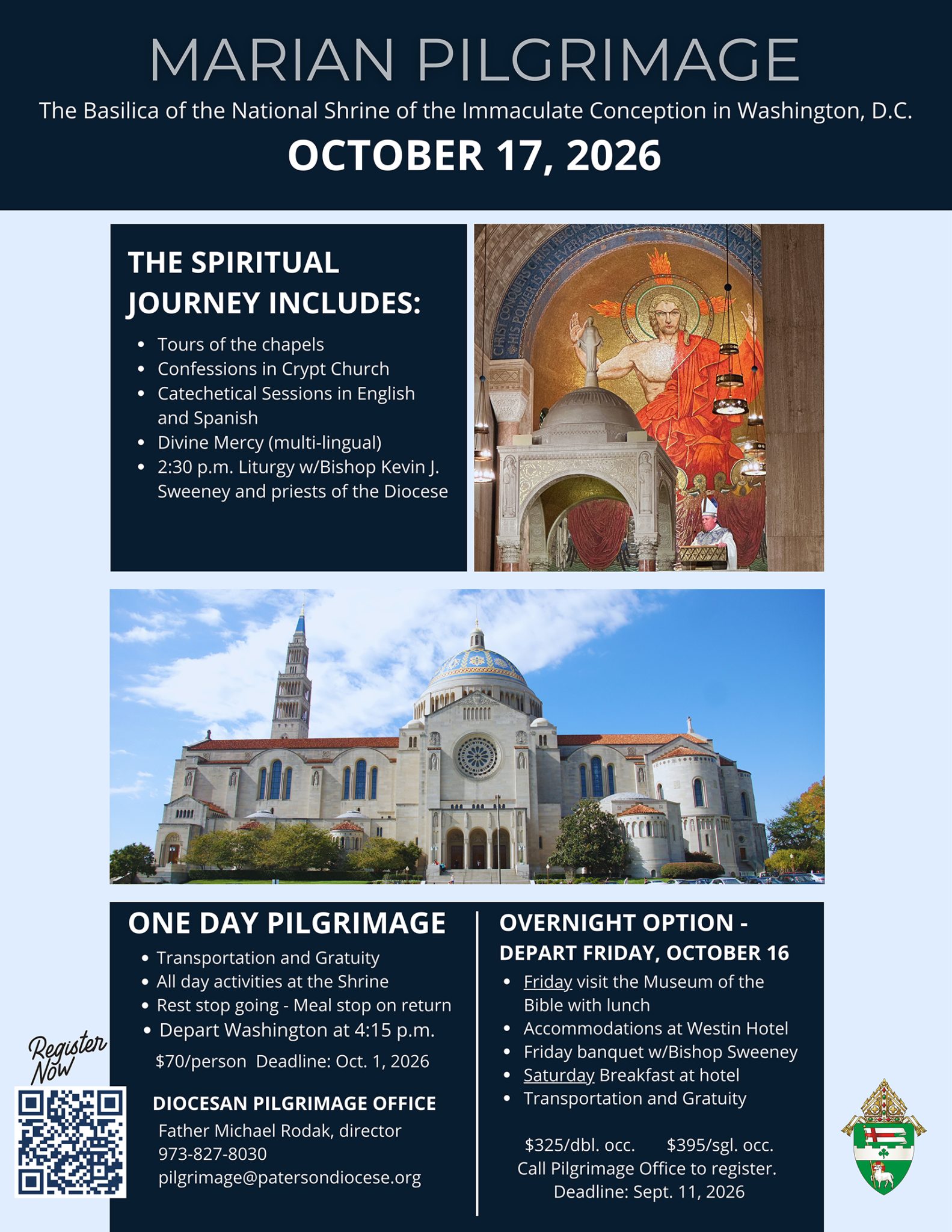 Get spiritually charged joining Bishop’s October pilgrimage in D.C. #Catholic – Catholics of the Paterson Diocese in New Jersey are invited to deepen their faith and relationship with Jesus by joining Bishop Kevin J. Sweeney for a spiritually exhilarating Marian pilgrimage in October. The anticipated event will offer prayer, catechesis, and worship in the sacred atmosphere of the Basilica of the National Shrine of the Immaculate Conception in Washington, D.C.
Participants can choose a one-day pilgrimage to the basilica on Saturday, Oct. 17, featuring a catechesis on prayer in English and Spanish, recitation of the Divine Mercy Chaplet, Mass with Bishop Sweeney and concelebrating priests, and an opportunity to receive reconciliation. Pilgrims can also choose a two-day trip from Friday, Oct. 16, to Saturday, Oct. 17, which includes a visit to the Museum of the Bible and a banquet dinner with Bishop Sweeney on Oct. 16 before visiting the basilica the next day for the pilgrimage.

Click here to subscribe to our weekly newsletter.

All participants on the one-day pilgrimage will visit the grand Romanesque-Byzantine basilica, the largest Roman Catholic church in the Americas. They will experience its impressive architecture and the world’s largest collection of contemporary ecclesiastical artwork, spread throughout its more than 80 chapels and oratories.
Starting at noon on Oct. 17, the diocesan-led pilgrimage will begin in the Upper Church. Father Michael Rodak, diocesan pilgrimage director, will offer a welcome and introduction. A chosen family will then make a Presentation to Mary.
Afterward, pilgrims can choose activities during two activity sessions: 12:45-1:15 p.m. and 1:30-2 p.m. Options include a self-guided basilica tour, a presentation in English and Spanish by the diocesan Catechetical Office on the section of the Catechism of the Catholic Church about prayer, a basilica history talk, confessions in the Crypt Church, and quiet time for personal prayer.
The pilgrimage will continue at 2:15 p.m. with the praying of a multilingual Divine Mercy Chaplet, followed by a Mass in English and Spanish at 2:30 p.m., celebrated by Bishop Sweeney, with many participating priests concelebrating.
“This pilgrimage is a wonderful way for Catholics to grow in their faith, prayer lives, and relationship with God, and to honor our Blessed Mother, patroness of the Church in the United States,” said Father Rodak, who has organized several previous diocesan pilgrimages to the basilica, most recently in 2023. “It will be a great blessing to the Church of Paterson.”
The one-day experience will include bus transportation to Washington, D.C., from various parishes in the Paterson Diocese, leaving between 6 and 6:45 a.m., depending on the departure point. The cost is  per person, which includes bus transportation, gratuities, and activities at the shrine.
For the two-day pilgrimage, the bus will depart from St. Paul Inside the Walls in Madison, N.J., at 7:15 a.m., arriving at the Museum of the Bible at 11:30 a.m. Lunch is included.
The 430,000-square-foot museum offers an immersive experience of the history, narrative, and global impact of the bible through high-tech exhibits, rare artifacts, and a 1st-century Nazareth replica that engages visitors with the bible’s influence. For more information about the museum, visit.
https://www.museumofthebible.org/media-reques. While there, the diocesan pilgrims will view two films on the Old and New Testaments. Bishop Sweeney will join them. Their visit will also include an hour of free time.
The bus will depart the museum at 3:30 p.m. for the Weston Tysons Corner Hotel in Falls Church, Va. Participants of the two-day pilgrimage will join Bishop Sweeney for a banquet dinner at 7 p.m. Breakfast will be included before departure from the Westin Hotel at 10:15 a.m. on Oct. 17 for pilgrimage at the National Shrine of the Immaculate Conception the next morning.
The two-day pilgrimage includes a bus, a banquet dinner with Bishop Sweeney, a Saturday breakfast buffet, all taxes/gratuities, and deluxe accommodations at The Weston. The cost is 5 per person for single occupancy and 5 per person for double occupancy.
“The pilgrimage is a long day. When participants arrive home, they will feel physically tired but spiritually charged,” said Father Rodak, who is also pastor of St. Jude the Apostle Parish in Hardyston, N.J. “The experience is both challenging and uplifting — a true journey of faith and hope that leaves one rewarded and spiritually renewed.”
Sign up here for either the one- or two-day pilgrimage. The registration deadline is Sept. 11 for the two-day pilgrimage and Oct. 1 for the one-day pilgrimage.

&nbsp;