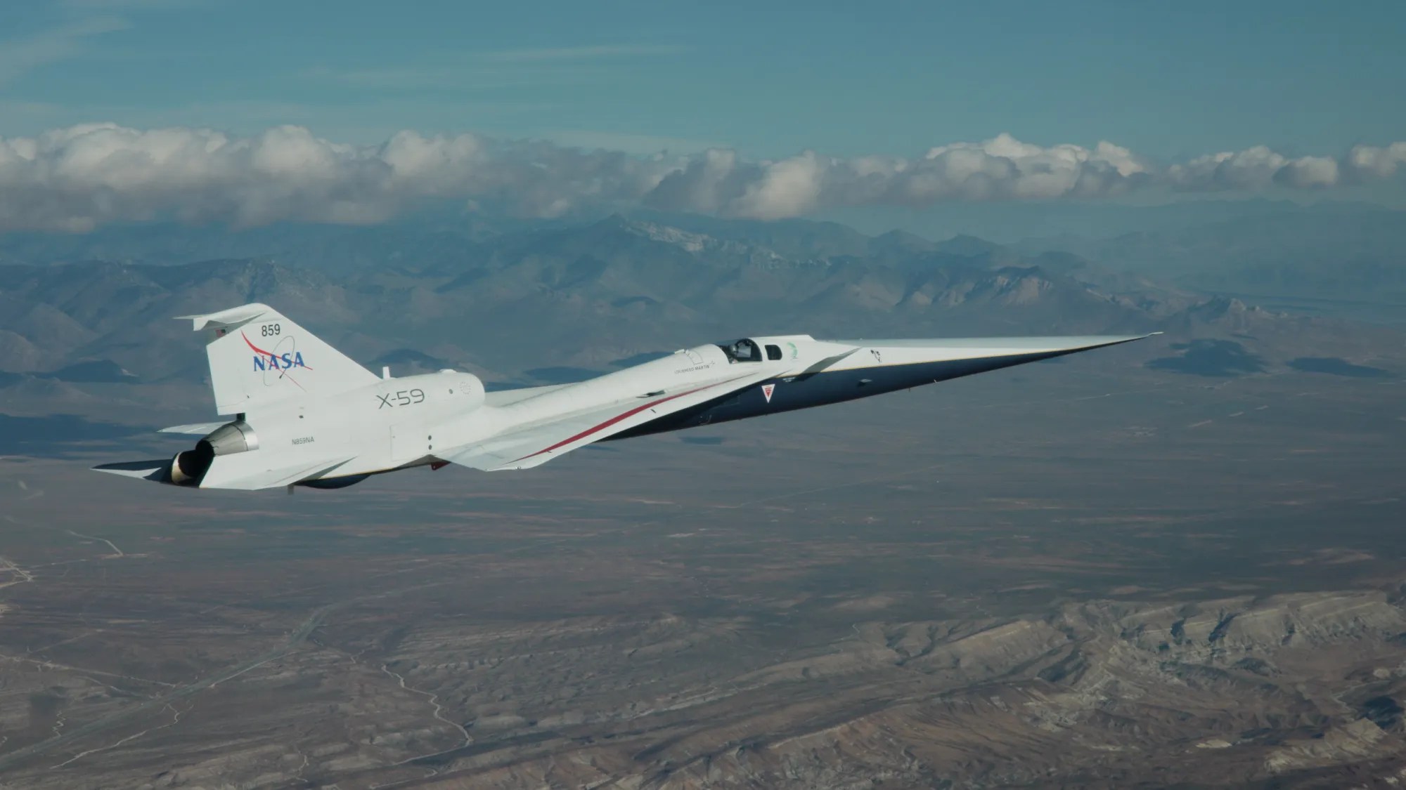 Wheels Up for X-59 – NASA’s X-59 quiet supersonic research aircraft flies over the Mojave Desert in California on April 14, 2026.
