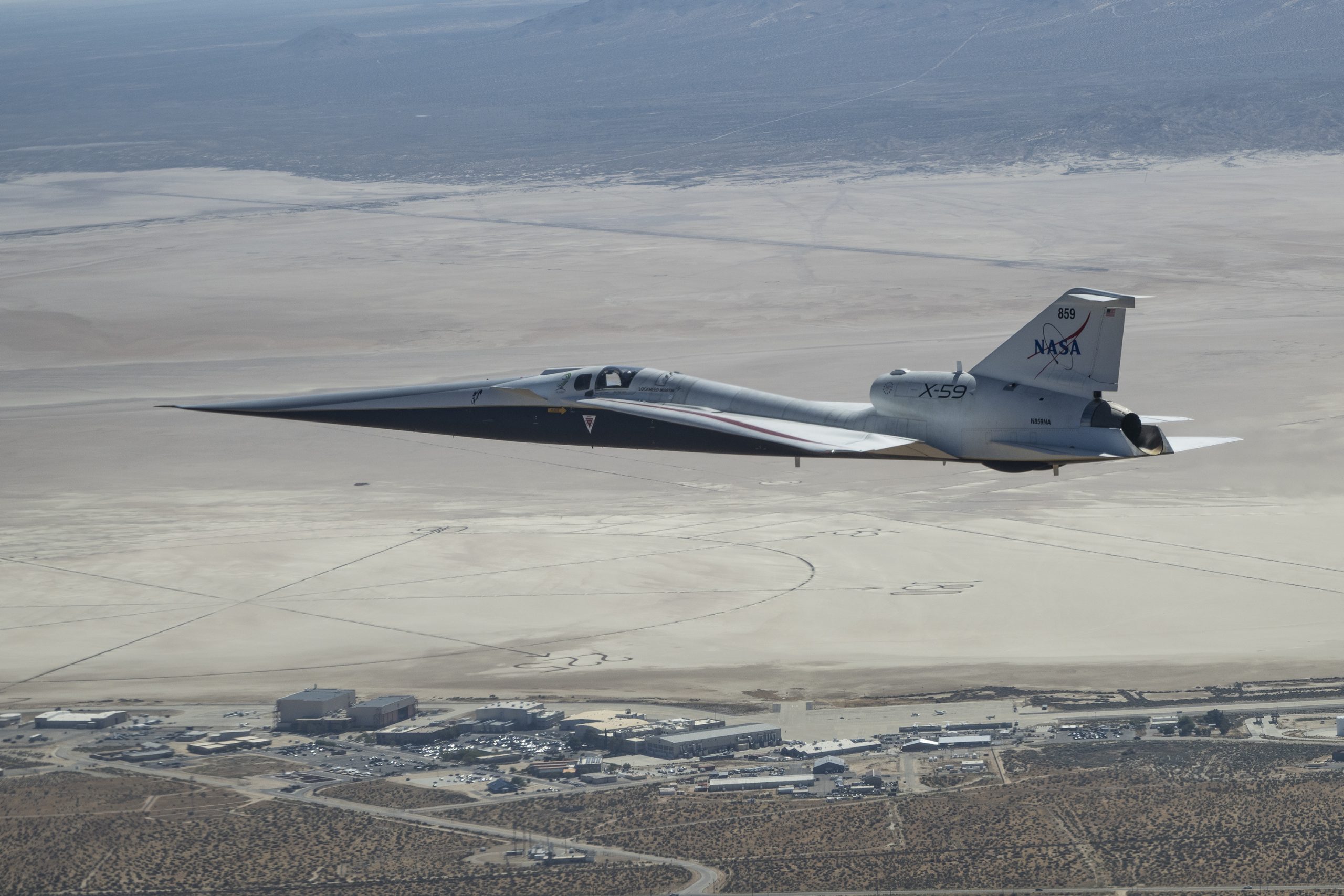 Going Low and Slow in Testing – NASA’s X-59 quiet supersonic research aircraft flies above NASA’s Armstrong Flight Research Center in Edwards, California, during testing focused on lower-speed and altitude flight conditions in support of NASA’s Quesst mission. NASA continues to include two-flight days in its envelope expansion as teams work to better understand how the aircraft responds throughout its operating range.