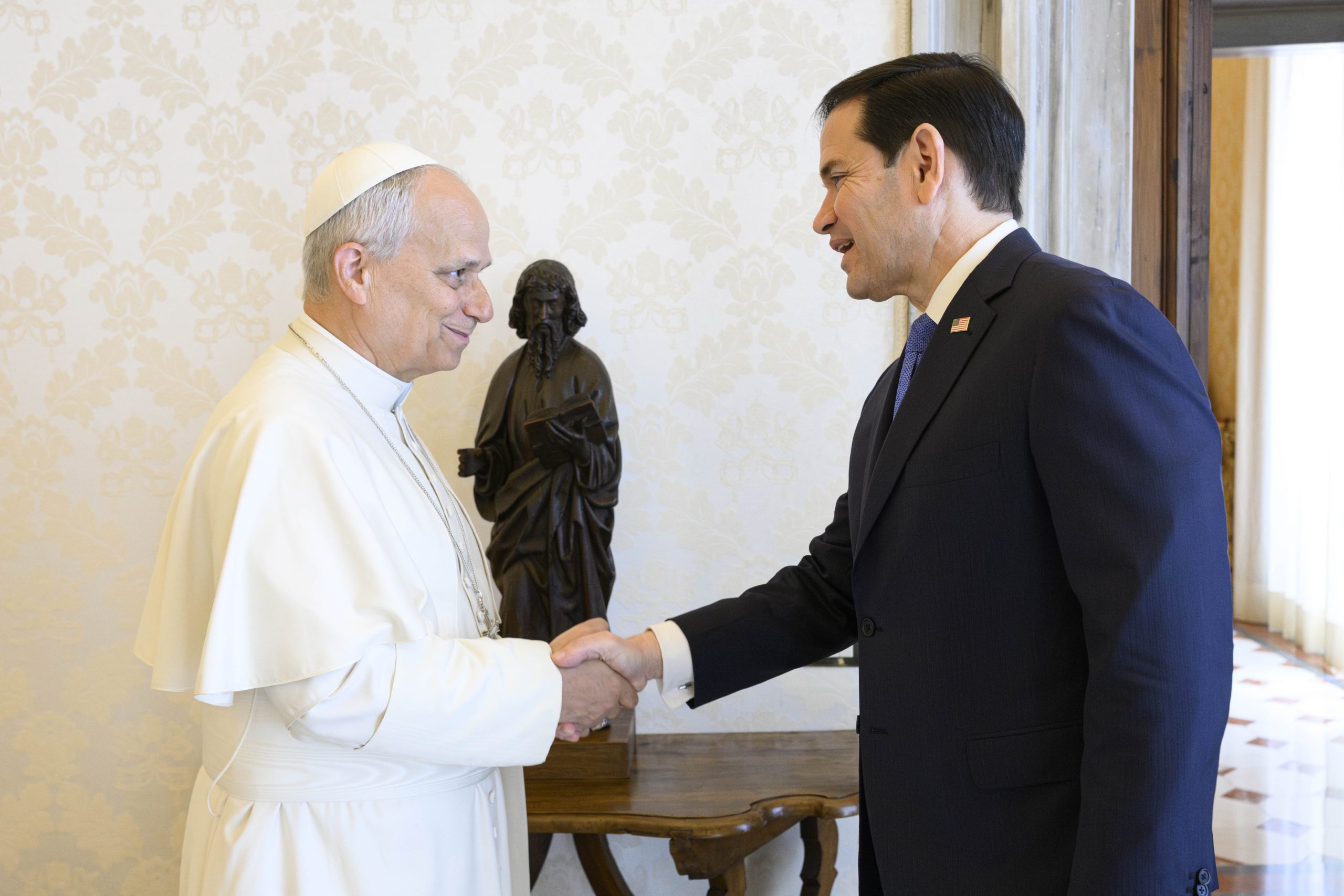 Pope Leo meets U.S. Secretary of State Rubio amid tensions with President Trump – #Catholic – On Thursday Pope Leo XIV met with U.S. Secretary of State Marco Rubio at the Vatican, with the meeting coming amid tensions between the Holy See and U.S. President Donald Trump.Trump has expressed his disapproval of Leoʼs public statements denouncing the U.S.-led war on Iran. The Holy Father has repeatedly called for peace amid the ongoing conflict. According to a statement released by the U.S. Department of State, the pontiff and Rubio discussed “the situation in the Middle East and topics of mutual interest in the Western Hemisphere.”
 
 Pope Leo XIV speaks with U.S. Secretary of State Marco Rubio at the Vatican, Thursday, May 7, 2026. | Credit: Vatican Media
 
 It also stated that their meeting “underscored the strong relationship between the United States and the Holy See and their shared commitment to promoting peace and human dignity.”The Holy See published its own statement of the meeting, which, according to Vatican spokesperson Matteo Bruni, lasted for 45 minutes. Instagram postThe statement described the meeting as an encounter where “cordial discussions” took place regarding the “fostering of strong bilateral relations between the Holy See and the United States of America.”
 
 Pope Leo XIV speaks with U.S. Secretary of State Marco Rubio at the Vatican, Thursday, May 7, 2026. | Credit: Vatican Media
 
 This week Trump expressed his desire that Rubio tell the pope that "Iran cannot have nuclear weapons.” The president has repeatedly claimed, without evidence, that Leo wants the Middle Eastern country to develop nuclear armaments.Leo has rejected those allegations. On May 5 at Castel Gandolfo he stated that the Church "has spoken for years against all nuclear weapons." On Wednesday, Vatican Secretary of State Cardinal Pietro Parolin stated that the Holy See "has always worked, and will continue to work, on nuclear disarmament."Parolin, who also met Rubio on May 7, also described Trumpʼs recent verbal attacks against the pope as "strange."