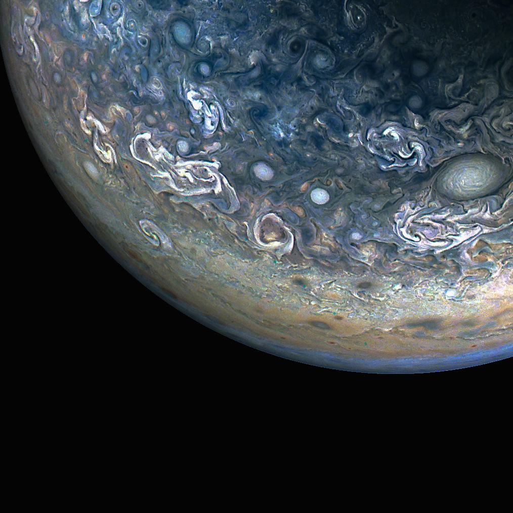 Colorful, Chaotic Jupiter – During its 61st close flyby of Jupiter on May 12, 2024, NASA’s Juno spacecraft captured this color-enhanced view of the giant planet’s northern hemisphere.