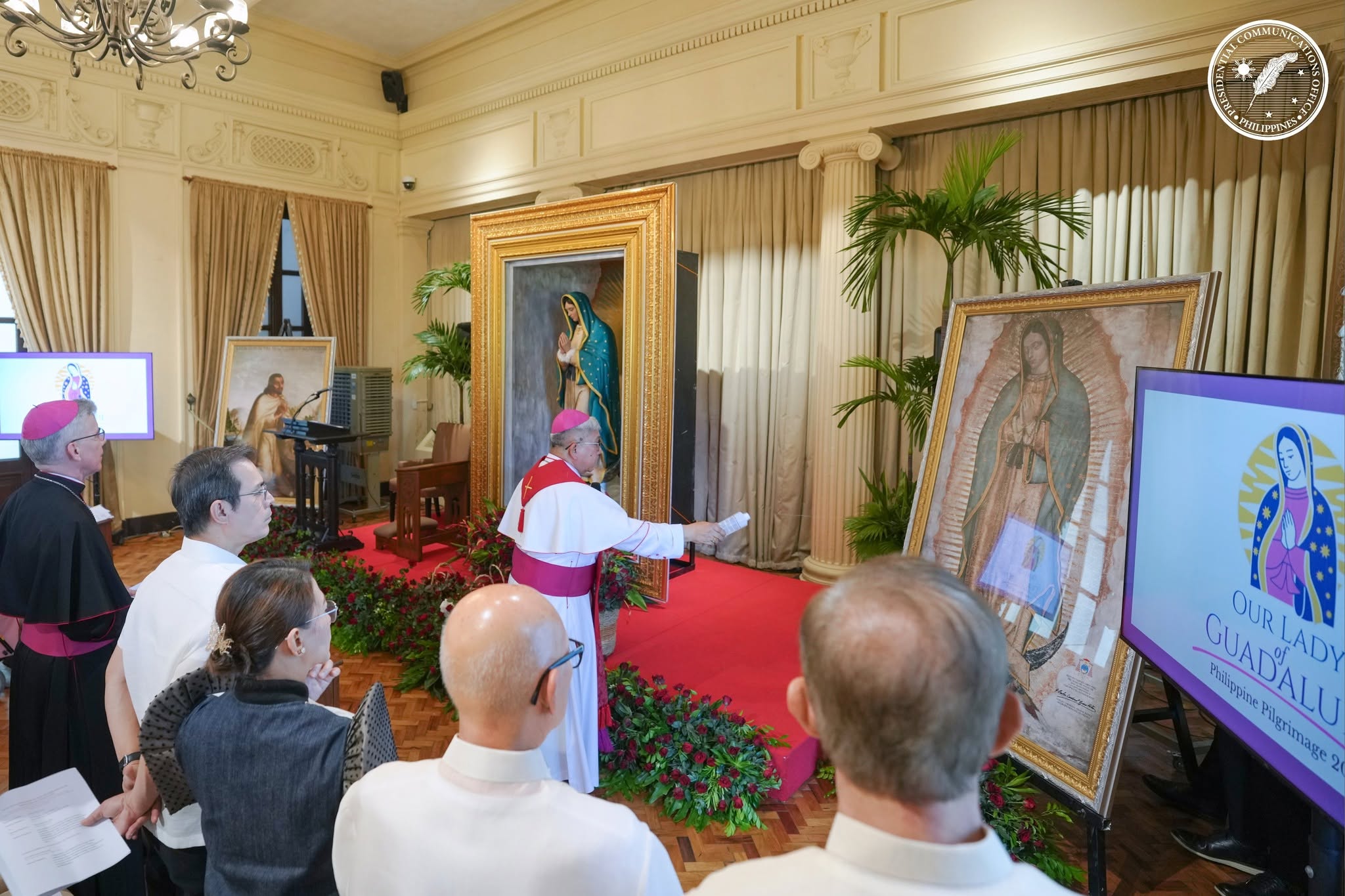 Our Lady of Guadalupe image begins 6-month pilgrimage in the Philippines – #Catholic – An image of Our Lady of Guadalupe from Mexico arrived in the Philippines on June 11, marking the start of a six-month nationwide pilgrimage that Church leaders hope will strengthen people’s faith.Bishop Jose Colin Bagaforo of Kidapawan, spiritual director of the Our Lady of Guadalupe Philippine Pilgrimage, led the reception and blessing of the pilgrim image at Malacañang Palace in Manila in the presence of President Ferdinand Marcos Jr.; first lady Liza Araneta-Marcos; papal nuncio Archbishop Charles Brown; Manila Mayor Francisco Domagoso; and other government officials, clergy, and lay faithful.Marcos and the first lady hosted the reception and blessing, formally launching the Philippine Pilgrimage 2026.
Bishop Jose Colin Bagaforo of Kidapawan, far left; first lady Liza Araneta-Marcos and President Ferdinand Marcos Jr., sixth and seventh from left; papal nuncio Archbishop Charles Brown; and others gather after the blessing of the image of Our Lady of Guadalupe at Malacañang Palace in Manila on June 11, 2026. | Credit: Photo courtesy of the Presidential Communications Office
The occasion highlighted the Philippines’ deep Marian devotion and its participation in the Novena Intercontinental Guadalupana, a worldwide spiritual preparation for the 500th anniversary of the apparitions of Our Lady of Guadalupe to St. Juan Diego. She appeared on four occasions on Dec. 9–12, 1531: three at the hill of Tepeyac and a fourth before Juan de Zumárraga, then the first bishop of Mexico and a Spanish Basque Franciscan prelate.The replica of the Mexican Marian icon and an image of St. Juan Diego, a Nahua peasant and Marian visionary, are considered a source of inspiration for many around the world.The pilgrimage forms part of a global initiative promoting prayer, evangelization, and unity among Catholics across different nations.The image, a replica of the original enshrined at the Basilica of Our Lady of Guadalupe in Mexico City, embarks on a pilgrimage across the Philippines, visiting more than 50 churches.In a social media video, Bagaforo invited the faithful to join the nationwide pilgrimage, calling it a “moment of grace” and an opportunity to pray for hope, peace, and blessings amid today’s challenges.Cardinal Jose Advincula, archbishop of Manila, will hold a special Mass at the Manila Cathedral on June 13, formally opening the pilgrimage, before the image visits more than 50 cathedrals, shrines, and parish churches across the country.The image will also be present during the 132nd Catholic Bishops’ Conference of the Philippines (CBCP) Plenary in Ozamiz City on July 3–10 before its permanent installation at the Manila Cathedral in December.Bishops call for a spiritual journeyIn a June 3 pastoral letter, the CBCP urged Catholics to take part in the spiritual journey and renew their relationship with Jesus through Mary.According to Archbishop Gilbert Garcera of Lipa, the CBCP president, churches hosting the pilgrimage will recite the Act of Consecration and Entrustment to Our Lady of Guadalupe during all Masses while the image is present.“During this pilgrimage, the Act of Consecration and Entrustment to Our Lady of Guadalupe shall be recited in all Masses in the churches to be visited,” he said.The pilgrimage hopes to inspire Filipinos to come closer to Jesus and to deepen their devotion to the Blessed Virgin Mary.“This visit aims to bring us, Filipinos, closer to Our Lord Jesus Christ and our Blessed Mother,” Garcera said.Advincula named the pilgrim image “Madre Peregrina de Guadalupe,” or “Pilgrim Mother of Guadalupe,” underscoring Mary’s role as a mother who journeys with the faithful.
Bishop Jose Colin Bagaforo of Kidapawan, spiritual director of the Our Lady of Guadalupe Philippine Pilgrimage, takes part in the blessing of the image of Our Lady of Guadalupe at Malacañang Palace in Manila on June 11, 2026, in the presence of government officials, Church leaders, and other guests. | Credit: Photo courtesy of the Presidential Communications Office
According to event organizers, the pilgrimage would deepen devotion to Our Lady of Guadalupe and prepare Filipino Catholics for the 500th anniversary celebrations in 2031.The Philippines is home to more than 93 million Catholics and has the third-largest Catholic population globally, after Brazil and Mexico. In the Asian context, it is the largest Catholic nation, followed by East Timor.Pope Pius XI declared Our Lady of Guadalupe the “Celestial Patroness of the Philippines” in 1935. In 2001, the CBCP declared Dec. 12 an obligatory memorial, and in 2002 it recognized her as the “Pro-Life Patroness of the Philippines” in response to the global movement to entrust the plight of unborn children to her intercession.“I am glad to know that the image of Our Lady of Guadalupe is on a pilgrimage in the Philippines. It will strengthen people’s prayer, Marian devotion, and spiritual renewal,” Janice Castro, an elementary school teacher from the Diocese of Cubao, told EWTN News. Our Lady of Guadalupe image begins 6-month pilgrimage in the Philippines – #Catholic – An image of Our Lady of Guadalupe from Mexico arrived in the Philippines on June 11, marking the start of a six-month nationwide pilgrimage that Church leaders hope will strengthen people’s faith.Bishop Jose Colin Bagaforo of Kidapawan, spiritual director of the Our Lady of Guadalupe Philippine Pilgrimage, led the reception and blessing of the pilgrim image at Malacañang Palace in Manila in the presence of President Ferdinand Marcos Jr.; first lady Liza Araneta-Marcos; papal nuncio Archbishop Charles Brown; Manila Mayor Francisco Domagoso; and other government officials, clergy, and lay faithful.Marcos and the first lady hosted the reception and blessing, formally launching the Philippine Pilgrimage 2026.
Bishop Jose Colin Bagaforo of Kidapawan, far left; first lady Liza Araneta-Marcos and President Ferdinand Marcos Jr., sixth and seventh from left; papal nuncio Archbishop Charles Brown; and others gather after the blessing of the image of Our Lady of Guadalupe at Malacañang Palace in Manila on June 11, 2026. | Credit: Photo courtesy of the Presidential Communications Office
The occasion highlighted the Philippines’ deep Marian devotion and its participation in the Novena Intercontinental Guadalupana, a worldwide spiritual preparation for the 500th anniversary of the apparitions of Our Lady of Guadalupe to St. Juan Diego. She appeared on four occasions on Dec. 9–12, 1531: three at the hill of Tepeyac and a fourth before Juan de Zumárraga, then the first bishop of Mexico and a Spanish Basque Franciscan prelate.The replica of the Mexican Marian icon and an image of St. Juan Diego, a Nahua peasant and Marian visionary, are considered a source of inspiration for many around the world.The pilgrimage forms part of a global initiative promoting prayer, evangelization, and unity among Catholics across different nations.The image, a replica of the original enshrined at the Basilica of Our Lady of Guadalupe in Mexico City, embarks on a pilgrimage across the Philippines, visiting more than 50 churches.In a social media video, Bagaforo invited the faithful to join the nationwide pilgrimage, calling it a “moment of grace” and an opportunity to pray for hope, peace, and blessings amid today’s challenges.Cardinal Jose Advincula, archbishop of Manila, will hold a special Mass at the Manila Cathedral on June 13, formally opening the pilgrimage, before the image visits more than 50 cathedrals, shrines, and parish churches across the country.The image will also be present during the 132nd Catholic Bishops’ Conference of the Philippines (CBCP) Plenary in Ozamiz City on July 3–10 before its permanent installation at the Manila Cathedral in December.Bishops call for a spiritual journeyIn a June 3 pastoral letter, the CBCP urged Catholics to take part in the spiritual journey and renew their relationship with Jesus through Mary.According to Archbishop Gilbert Garcera of Lipa, the CBCP president, churches hosting the pilgrimage will recite the Act of Consecration and Entrustment to Our Lady of Guadalupe during all Masses while the image is present.“During this pilgrimage, the Act of Consecration and Entrustment to Our Lady of Guadalupe shall be recited in all Masses in the churches to be visited,” he said.The pilgrimage hopes to inspire Filipinos to come closer to Jesus and to deepen their devotion to the Blessed Virgin Mary.“This visit aims to bring us, Filipinos, closer to Our Lord Jesus Christ and our Blessed Mother,” Garcera said.Advincula named the pilgrim image “Madre Peregrina de Guadalupe,” or “Pilgrim Mother of Guadalupe,” underscoring Mary’s role as a mother who journeys with the faithful.
Bishop Jose Colin Bagaforo of Kidapawan, spiritual director of the Our Lady of Guadalupe Philippine Pilgrimage, takes part in the blessing of the image of Our Lady of Guadalupe at Malacañang Palace in Manila on June 11, 2026, in the presence of government officials, Church leaders, and other guests. | Credit: Photo courtesy of the Presidential Communications Office
According to event organizers, the pilgrimage would deepen devotion to Our Lady of Guadalupe and prepare Filipino Catholics for the 500th anniversary celebrations in 2031.The Philippines is home to more than 93 million Catholics and has the third-largest Catholic population globally, after Brazil and Mexico. In the Asian context, it is the largest Catholic nation, followed by East Timor.Pope Pius XI declared Our Lady of Guadalupe the “Celestial Patroness of the Philippines” in 1935. In 2001, the CBCP declared Dec. 12 an obligatory memorial, and in 2002 it recognized her as the “Pro-Life Patroness of the Philippines” in response to the global movement to entrust the plight of unborn children to her intercession.“I am glad to know that the image of Our Lady of Guadalupe is on a pilgrimage in the Philippines. It will strengthen people’s prayer, Marian devotion, and spiritual renewal,” Janice Castro, an elementary school teacher from the Diocese of Cubao, told EWTN News.