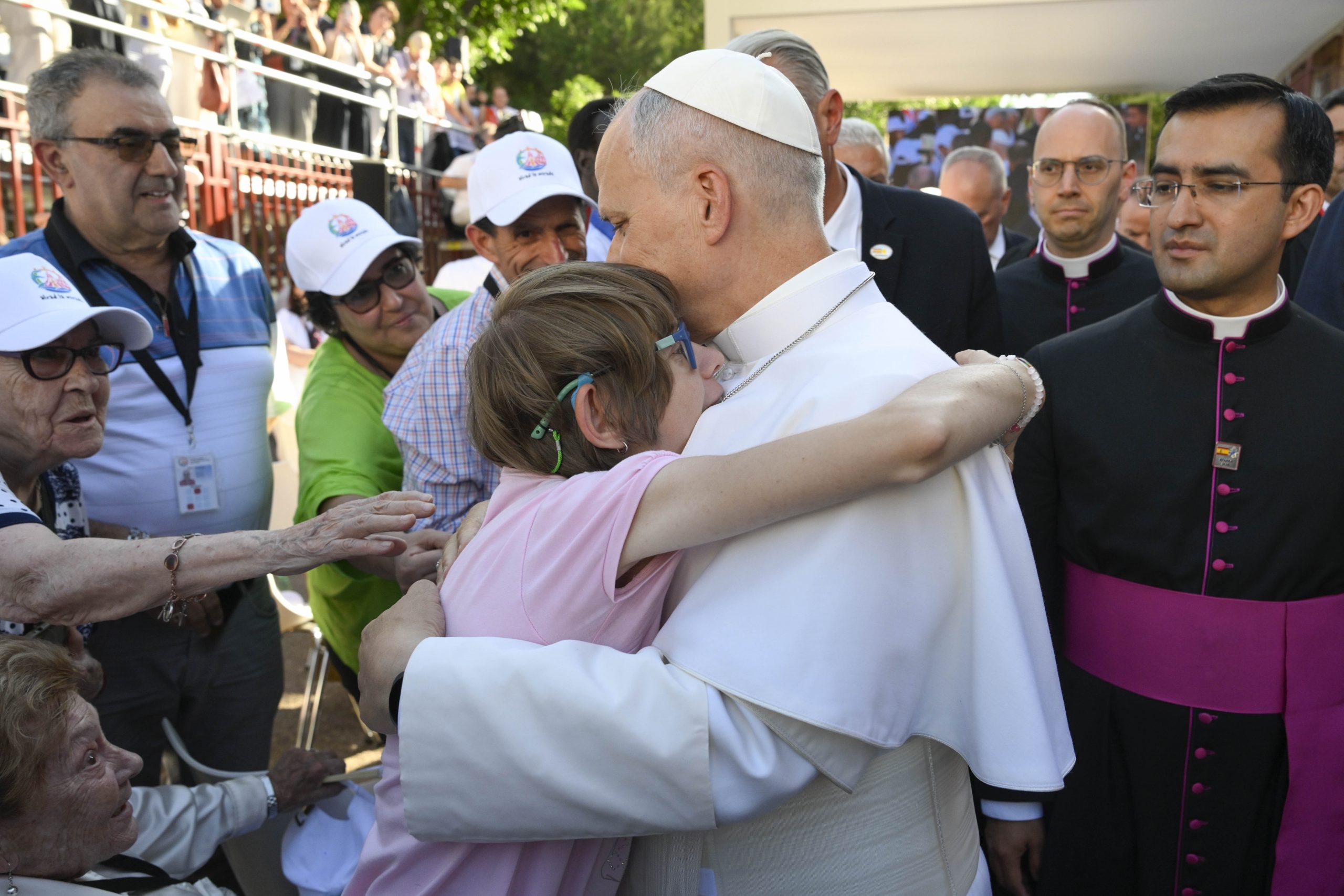 PHOTOS: Pope Leo XIV meets royalty, civic leaders, hundreds of thousands of youth in Spain – #Catholic – Pope Leo XIV launched his six-day trip to Spain on June 6 by meeting with the countryʼs royalty before holding gatherings with civic leaders and huge crowds of young people in the capital city of Madrid. The Holy Father met with the countryʼs King Felipe VI and Queen Letizia before paying a visit to a social services project in Madrid and then finishing the day with a massive gathering of hundreds of thousands of young Spanish citizens in the cityʼs Plaza de Lima.See photos of Pope Leo XIVʼs first day in Spain below. 
 
 Pope Leo XIV waves as he prepares to board an ITA Airways flight to Spain on June 6, 2026. | Credit: Vatican Media
 

 
 Pope Leo XIV speaks to journalists aboard the papal plane from Rome to Madrid on June 6, 2026. | Credit: Daniel Ibanez/EWTN News
 

 
 Pope Leo XIV disembarks from an ITA Airways flight from Rome to Madrid, Spain, on June 6, 2026. | Credit: Daniel Ibanez/EWTN News
 

 
 Pope Leo XIV is welcomed to Spain by King Felipe VI, Queen Letizia, and their daughters Princess Leonor and Infanta Sofia, in a welcome ceremony at the Royal Palace in Madrid. | Credit: Daniel Ibanez/EWTN News
 

 
 Pope Leo XIV addresses the king and queen of Spain, authorities, and the diplomatic corps at the Royal Palace in Madrid on June 6, 2026, the first day of his apostolic journey to Spain. | Credit: Daniel Ibanez/EWTN News
 

 
 Pope Leo XIV greets a girl in a wheelchair during a meeting with a group of around 40 people with longterm illnesses or disabilities on June 6, 2026, at the nunciature in Madrid, Spain. | Credit: Vatican Media.
 

 
 Pope Leo XIV hugs a boy during a meeting with a group of around 40 people with longterm illnesses or disabilities on June 6, 2026, at the nunciature in Madrid, Spain. | Credit: Vatican Media.
 

 
 Pope Leo XIV meets with a group of around 40 people with longterm illnesses or disabilities who are cared for by charities in the Archdiocese of Madrid on June 6, 2026, at the nunciature in Madrid, Spain. | Credit: Vatican Media.
 

 
 Pope Leo XIV meets staff and beneficiaries, including migrants, of the CEDIA 24 Horas center, part of the Caritas of the Archdiocese of Madrid in Spain on June 6, 2026. | Credit: Vatican Media
 

 
 Pope Leo XIV meets staff and beneficiaries, including migrants, of the CEDIA 24 Horas center, part of the Caritas of the Archdiocese of Madrid in Spain on June 6, 2026. | Credit: Vatican Media
 

 
 Pope Leo XIV meets a woman from Cuba and her twin babies during an encounter with staff and beneficiaries, including migrants, of the CEDIA 24 Horas center, part of the Caritas of the Archdiocese of Madrid in Spain on June 6, 2026. | Credit: Daniel Ibanez/EWTN News
 

 
 Pope Leo XIV greets young people at Madridʼs Plaza de Lima, June 6, 2026. The Holy Father began his six-day apostolic visit to Spain meeting with the countryʼs royalty and civil leaders along with hundreds of thousands of youth. | Credit: Daniel Ibáñez/EWTN News
 

 
 Pope Leo XIV speaks with young people at Madridʼs Plaza de Lima, June 6, 2026. The Holy Father began his six-day apostolic visit to Spain meeting with the countryʼs royalty and civil leaders along with hundreds of thousands of youth. | Credit: Vatican Media
 

 
 Pope Leo XIV looks upon the Blessed Sacrament after a meeting with young people in Madridʼs Plaza de Lima, June 6, 2026. The Holy Father began his six-day apostolic visit to Spain meeting with the countryʼs royalty and civil leaders along with hundreds of thousands of youth. | Credit: Daniel Ibáñez/EWTN News