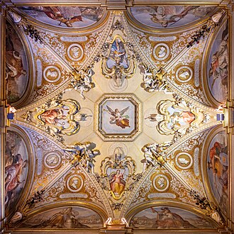 Picture of the day
Ceiling of Sala della Stufa, Galleria Palatina, Palazzo Pitti, Florence. The room, created between 1627 and 1641, was originally an open gallery, but it was closed off later in the 17th century and restructured as a “stove” room, a bathroom heated using the same techniques as the Roman baths and intended for private use by the Grand Duke, whose bedroom is believed to be next door. The decoration, specially the frescos and stuccos, commissioned by Grand Duke Ferdinand II de’ Medici, are a work of Michelangelo Cinganelli (1558-1635) Matteo Rosselli (1578-1650) and Ottavio Vannini (1585–1643).
#ImageOfTheDay Picture of the day
Ceiling of Sala della Stufa, Galleria Palatina, Palazzo Pitti, Florence. The room, created between 1627 and 1641, was originally an open gallery, but it was closed off later in the 17th century and restructured as a “stove” room, a bathroom heated using the same techniques as the Roman baths and intended for private use by the Grand Duke, whose bedroom is believed to be next door. The decoration, specially the frescos and stuccos, commissioned by Grand Duke Ferdinand II de’ Medici, are a work of Michelangelo Cinganelli (1558-1635) Matteo Rosselli (1578-1650) and Ottavio Vannini (1585–1643).
#ImageOfTheDay