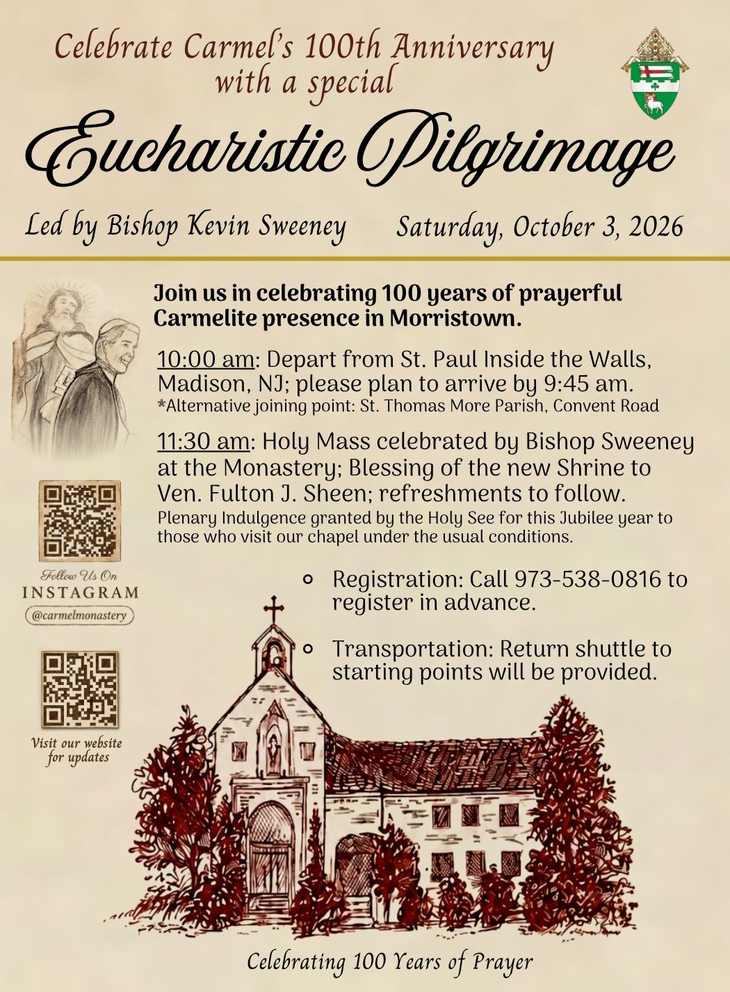 Celebrating, with gratitude, 100 Years of the Carmel in Morristown … The Month of the Holy Rosary and Respect Life Month #Catholic – “In the very last days of 1926, a very different religious presence came to Morris County in the person of Mother Mary Magdalene of Jesus Crucified Potts, O.C.D. A native of the Washington area and the daughter of an admiral, Sister Mary Magdalene had entered the cloistered Carmelites at Philadelphia in 1911 and then had a bequest from her mother to establish a Carmel at Wheeling, West Virginia in 1913. Feeling a desire to found a Carmel ‘in poverty,’ she was looking for a site for another foundation. The desire of Bishop O’Connor to ‘do something for Our Lady’ in the waning years of his episcopate, and the invitation of a Mrs. Walsh, a woman from Morristown who belonged to a Carmelite third order group in New York City, brought Mother Mary Magdalene to Morristown. On Dec. 30, 2026, four sisters took up residence in a small house on South Street…” 
— From Living Stones&nbsp;by Msgr. Raymond J. Kupke, pgs. 198-99


BISHOP KEVIN J. SWEENEY

“The rest,” as we say, “is history.” When “history” concerns the Diocese of Paterson, I am always grateful to Msgr. Raymond Kupke and his wonderful book, Living Stones, written on the occasion of our Diocese’s 50th anniversary (in 1987). For those who are familiar with Living Stones, its subtitle, “A History of the Catholic Church in the Diocese of Paterson,” could be misleading and cause one to think that it “only” covers the “first 50 years,” 1937 to 1987. The first half of the book is a history of the Catholic Church in northern New Jersey from before the Revolutionary War, beginning in 1764.
So, I was not surprised when I wanted to share some background on how a Carmelite Monastery came to our Diocese (11 years before the foundation of the Diocese of Paterson); I was quickly able to find a compelling account, as cited above, on pages 198-99 of Living Stones. When I was appointed as bishop of the diocese, six years ago, I was very happy to learn that we had a Carmelite Monastery in our diocese. Like millions of others during the past 100-plus years, I was “introduced” to the Carmelites and Carmelite Spirituality when I first heard, in high school, about St. Therese of Lisieux, the “Little Flower,” and her autobiography (spiritual diary), Story of a Soul.
If you are not yet familiar with the Carmelites, their spirituality, and their saints (Therese of Lisieux, Theresa of Avila, John of the Cross, Theresa Benedicta of the Cross, St. Simon Stock, and many, many more — personally, I think that St. Pope John Paul II could be considered an “honorary” Carmelite, because his personal spirituality and vocation were so strongly influenced by the Carmelites, especially John of the Cross and Theresa of Avila), you could Google “Carmelite Saints” or any one of the above. You could also go to the website of the Carmelite Monastery in Morristown where you can learn a great deal about the sisters, their vocation and mission, including their “Vision” and “What (they) Do.”
&nbsp;“Through self-sacrifice, silence, penance and prayer, the Carmelite Sisters offer their very lives as a prayer to God for all humanity … The Carmelites have a rigorous schedule consisting each day of eight hours of prayer, manual labor, some recreation, as well as contemplation. They are always striving to make themselves more pleasing to God. The Carmelite Sisters adhere to strict silence so that their prayers may be more continuous.”
About the Carmelites



I am very much looking forward to being with the Carmelite Sisters, many of our priests, seminarians, consecrated religious, and faithful from our diocese and beyond, as we celebrate and give thanks for “100 Years” with a Eucharistic Pilgrimage and Mass on Saturday, Oct. 3, beginning at our St. Paul Inside the Wall Evangelization Center in Madison (at 10 a.m.) and concluding with Mass at the monastery at 11:30 a.m. Click here for more information and to register or see the flyer at right.
St. Therese of Lisieux died at the age of 24, on Sept. 30, 1897. She was canonized as a saint (very quickly) on May 17, 1925, during the Jubilee Year, by Pope Pius the XI. From 1927 to 1969, her feast day was celebrated on Oct. 3, before changes in the Church’s liturgical calendar, caused her Feast Day to be “moved” to Oct. 1. Personally, I find it meaningful and appropriate that we begin the month of October, the “Month of the Holy Rosary,” with the Feast of St. Therese, who in addition to being a role model for a life of prayer and contemplation, is also, along with St. Francis Xavier, the patron saint/s of missionaries, and one of only four women recognized (by St. Pope John Paul II in 1997) as a “Doctor of the Church.”
Last year, I wrote a column about the end of September and October as a beautiful (and prayerful) time of year, focusing on “The Saints of Late September and October, Respect Life Month and the Month of the Holy Rosary.”&nbsp;I hope that you might take the time to go back and review it. In this year of 2026, as we celebrate 100 years of the Carmel in Morristown, we are also in a “Jubilee Year of St. Francis of Assisi,” whose Feast we will remember on Sunday, Oct. 4. We will celebrate the Feast of Our Lady of the Rosary (Our Lady of Victories) on Wednesday, Oct. 7, and the next day, Thursday, Oct. 8, will be the New Jersey Mass and March for Life in Trenton.&nbsp;
This time of year can be beautiful and prayerful; it can also be very busy. You have probably already heard or will be hearing in the coming weeks about our annual Diocesan Ministries Appeal. We will have a very busy (full) “diocesan weekend” from Friday, Oct. 16 through Sunday, Oct. 18, when we will have our Diocesan Marian Pilgrimage to Washington, DC on Friday and Saturday, and then mark the 100th “World Mission Sunday” and host our Diocesan Vivere Christus awards on Sunday, Oct. 18. It is comforting to know that the Carmelite Sisters in Morristown will be praying for us on each step of our journey.
Celebrating this significant anniversary for the Carmel of Morristown and considering the special moments that we have to be united in prayer during the month of October, the month of the Holy Rosary, encourages us to remember that we can always unite our efforts to build up God’s Kingdom through prayer. I think of those who may be homebound, sick, or suffering. The prayers of the homebound and the ill are a source of grace for many. St. Therese, the Little Flower, spent the most significant portion of her brief life in a Carmelite monastery, but she is the co-patroness of the missions because of her commitment to pray for others. No matter where we are, our prayers are a sharing in the Lord’s work. Just as Carmel is a powerhouse of prayer, so too the prayers of those who are homebound or limited in mobility can powerfully contribute to the good of others through prayer. I thank all of the homebound, particularly, for your commitment to pray for so many worthy intentions.

Click here to subscribe to our weekly newsletter.

&nbsp;